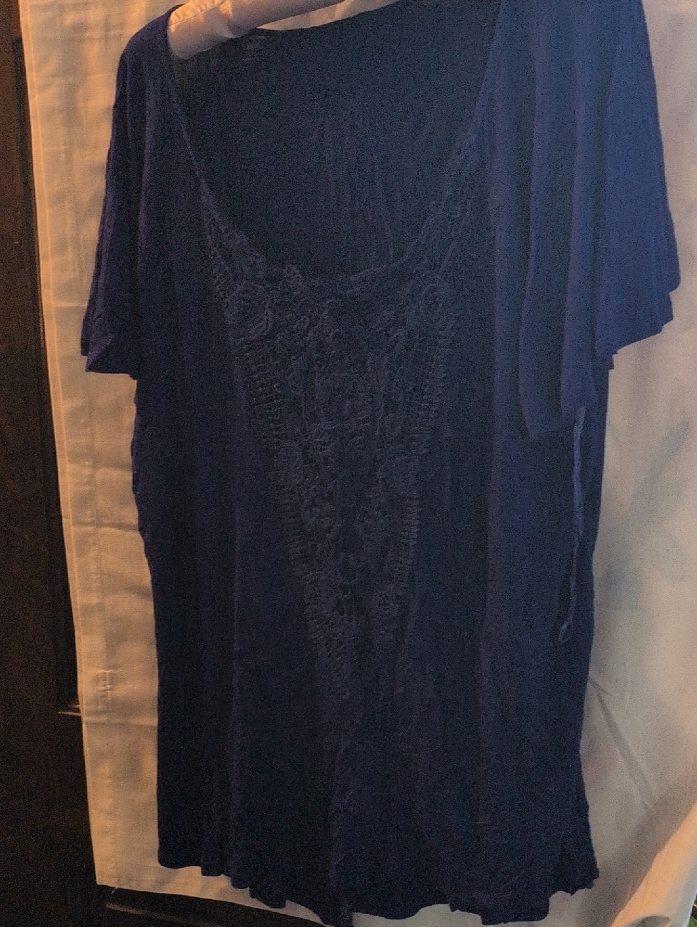 Cable & Gauge Navy Blue Short Sleeve Crochet Front Blouse